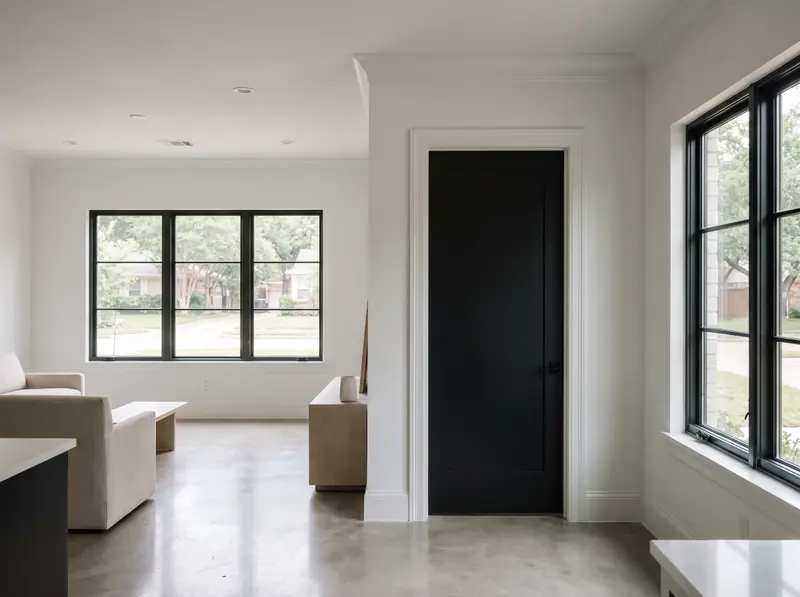 Molduras y cornisa pintadas de blanco con una puerta interior negra