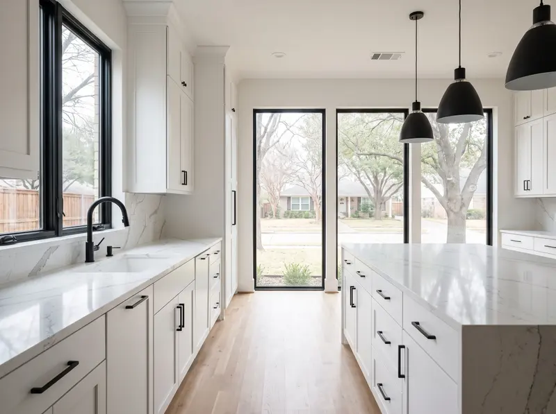 Cocina blanca remodelada con herrajes negros y cubiertas de cuarzo
